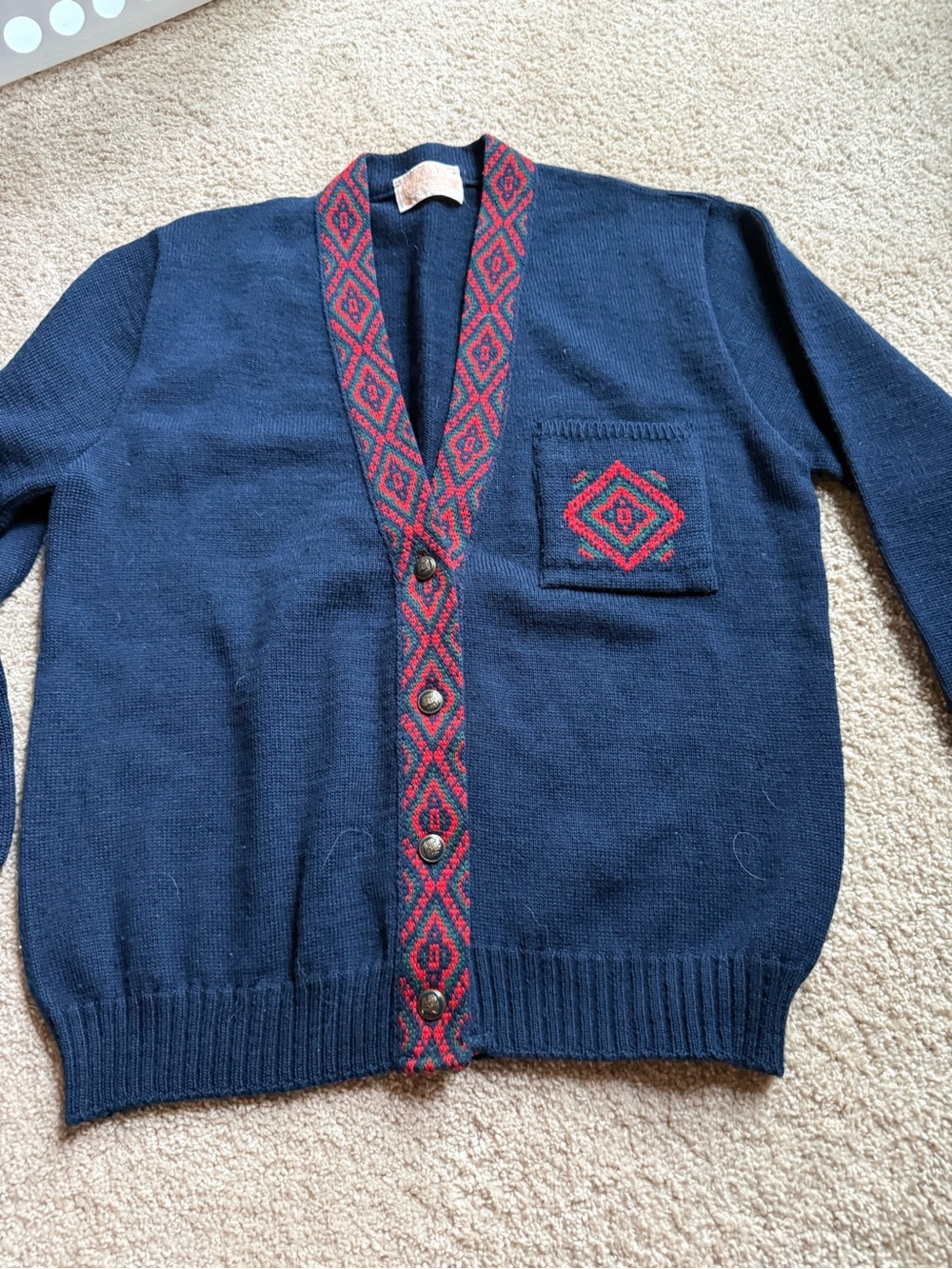 Pendleton Navy Cardigan Sweater with Red Diamond Trim